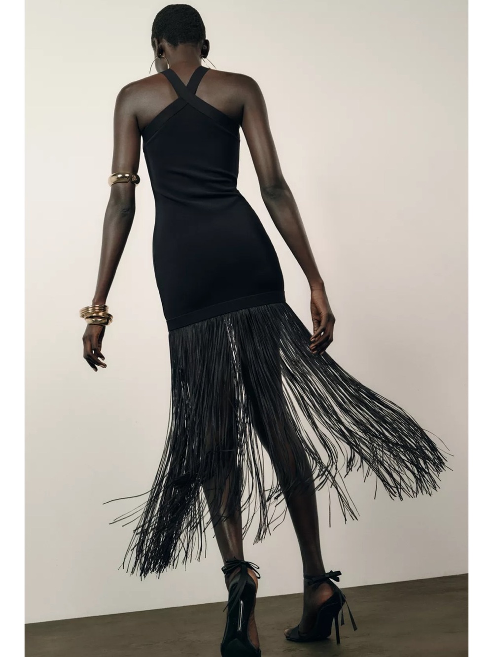 Zara Black Cross-Neck Fringe Evening Dress - Picture 9 of 12